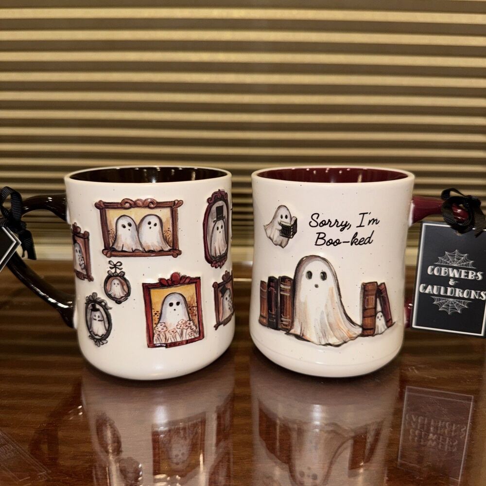 👻 New Cobwebs & Cauldrons “Sorry, I’m Boo-ked” Ghost Halloween Mug 👻 Set of 2